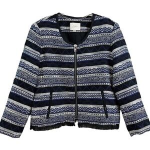 LOFT Women's Navy Blue and White Geometric Zip-Up Blazer